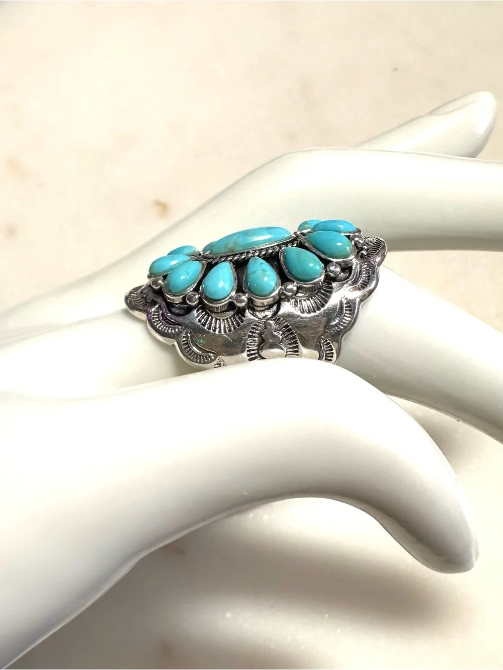 Turquoise Thai Hand-Embossed and Stamped Sterling Silver Cluster Statement Ring